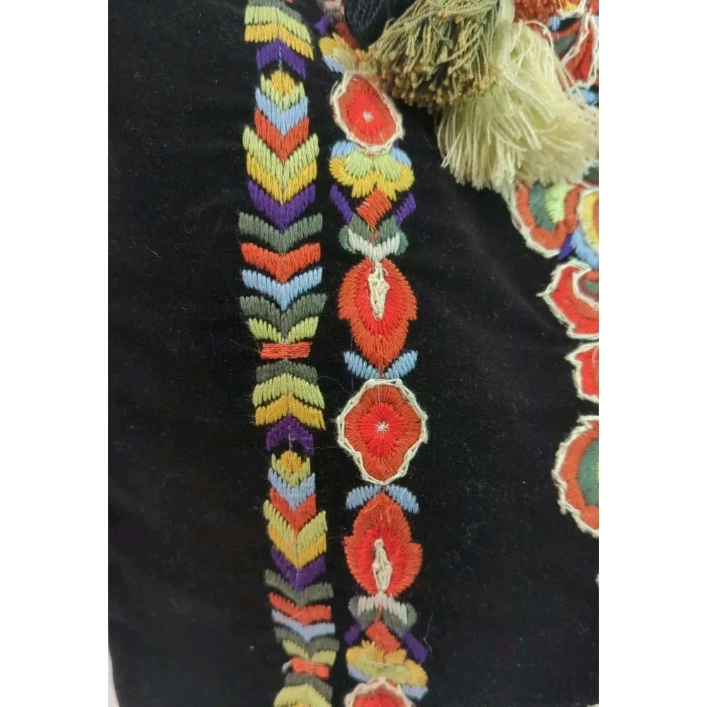 Embroidered Black Velvet Soft Ruggine Tote‎ Purse Tassels Boho Chic Hobo